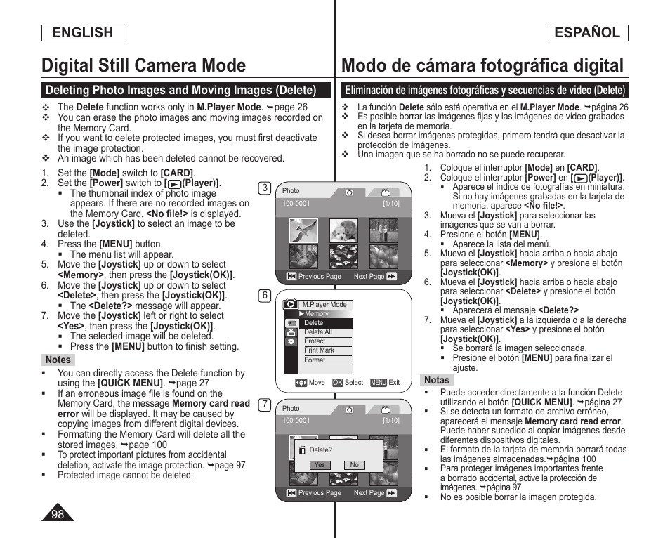 Digital still camera mode, Modo de cámara fotográﬁca digital, English | Español, Deleting photo images and moving images (delete) | Samsung SC-DC164-XAA User Manual | Page 98 / 128