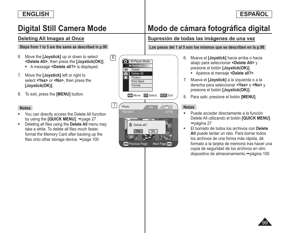 Digital still camera mode, Modo de cámara fotográﬁca digital, English | Español | Samsung SC-DC164-XAA User Manual | Page 99 / 128