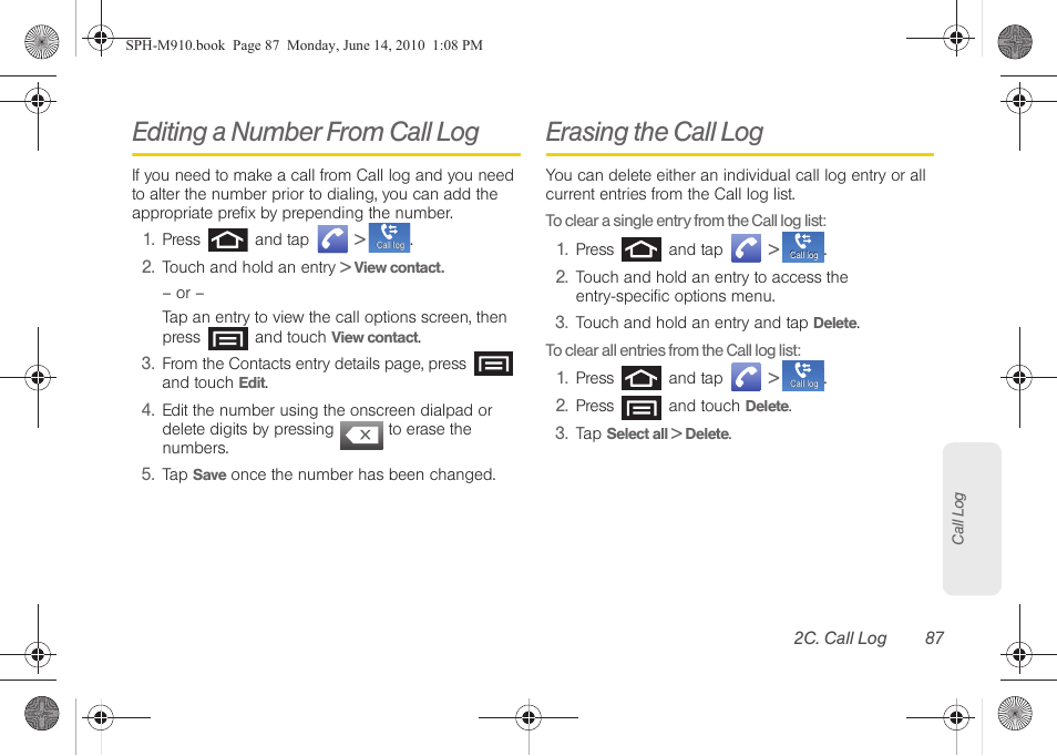 Editing a number from call log, Erasing the call log | Samsung SPH-M910ZIASPR User Manual | Page 101 / 233