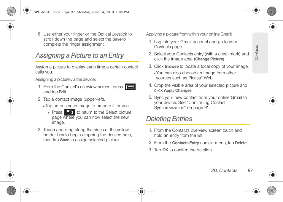 Assigning a picture to an entry, Deleting entries | Samsung SPH-M910ZIASPR User Manual | Page 111 / 233