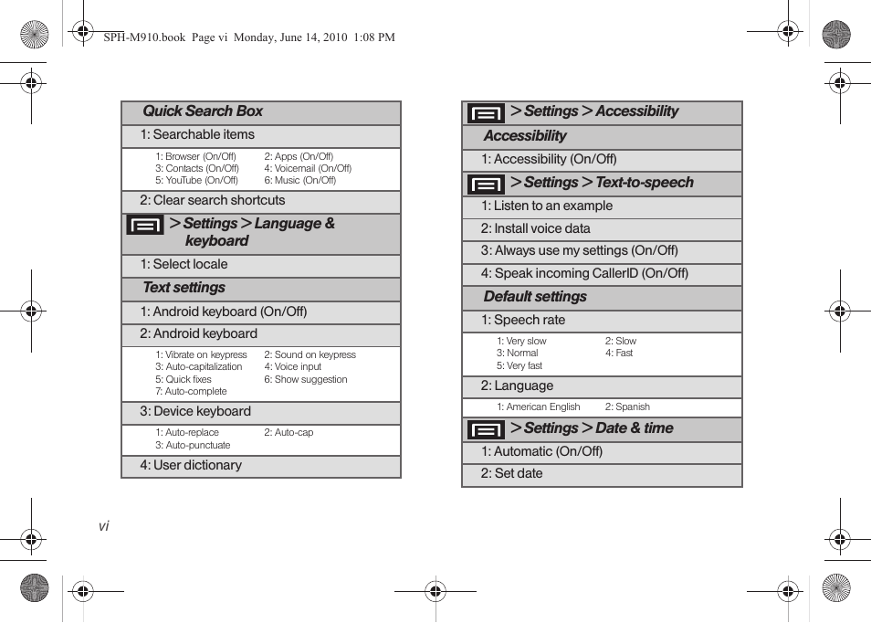 Quick search box, Settings > language, Keyboard | Text settings, Settings > accessibility accessibility, Settings > text-to-speech, Default settings, Settings > date & time | Samsung SPH-M910ZIASPR User Manual | Page 12 / 233