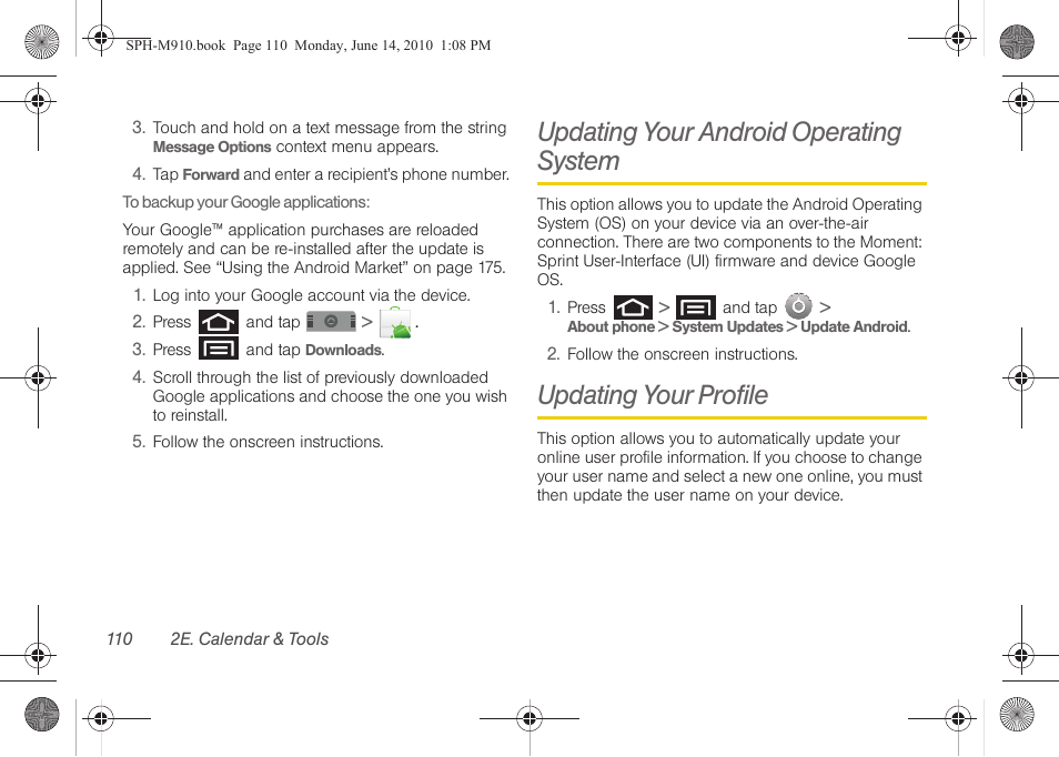 Updating your android operating system, Updating your profile | Samsung SPH-M910ZIASPR User Manual | Page 124 / 233