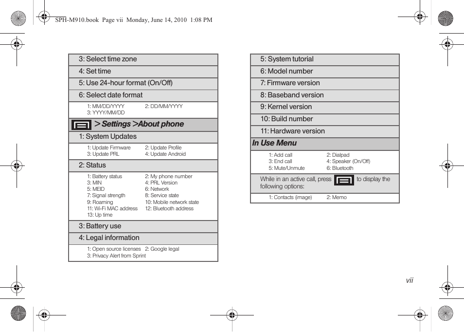 Settings >about phone | Samsung SPH-M910ZIASPR User Manual | Page 13 / 233