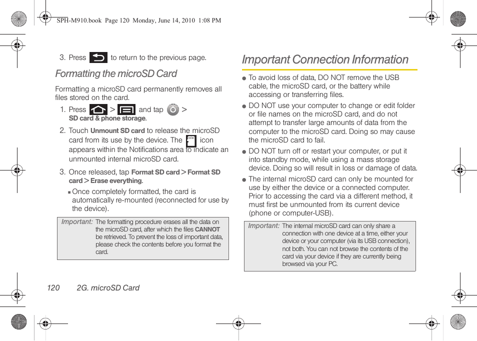 Formatting the microsd card, Important connection information | Samsung SPH-M910ZIASPR User Manual | Page 134 / 233