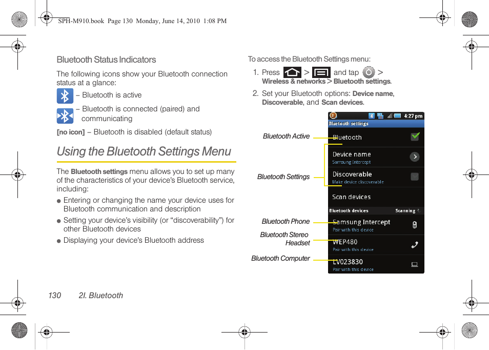 Using the bluetooth settings menu | Samsung SPH-M910ZIASPR User Manual | Page 144 / 233