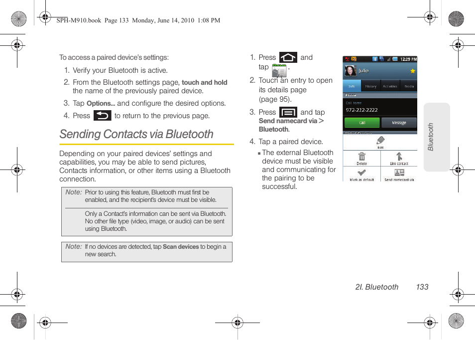 Sending contacts via bluetooth, See “sending contacts via bluetooth” on | Samsung SPH-M910ZIASPR User Manual | Page 147 / 233