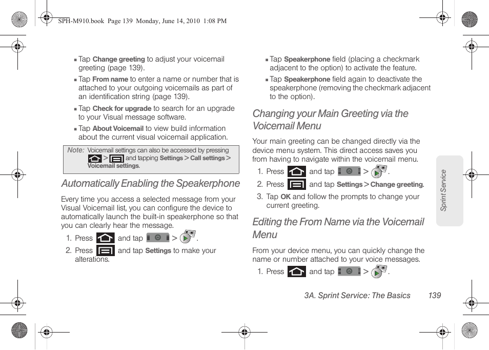 Automatically enabling the speakerphone, Changing your main greeting via the voicemail menu, Editing the from name via the voicemail menu | Samsung SPH-M910ZIASPR User Manual | Page 153 / 233