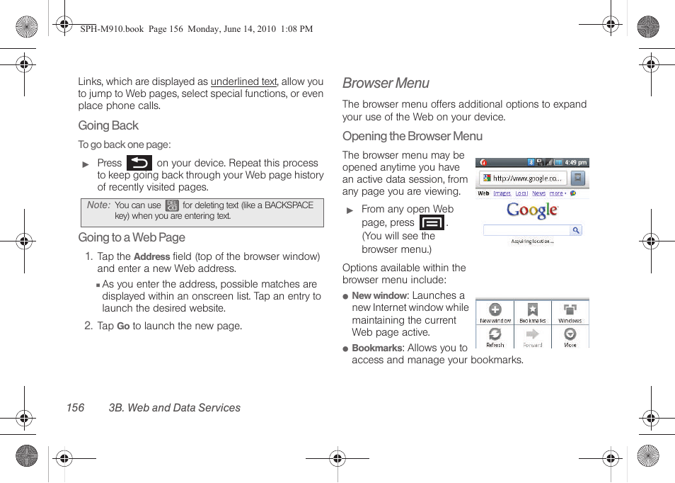 Browser menu | Samsung SPH-M910ZIASPR User Manual | Page 170 / 233