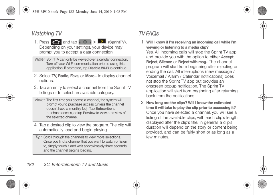 Watching tv, Tv faqs | Samsung SPH-M910ZIASPR User Manual | Page 196 / 233