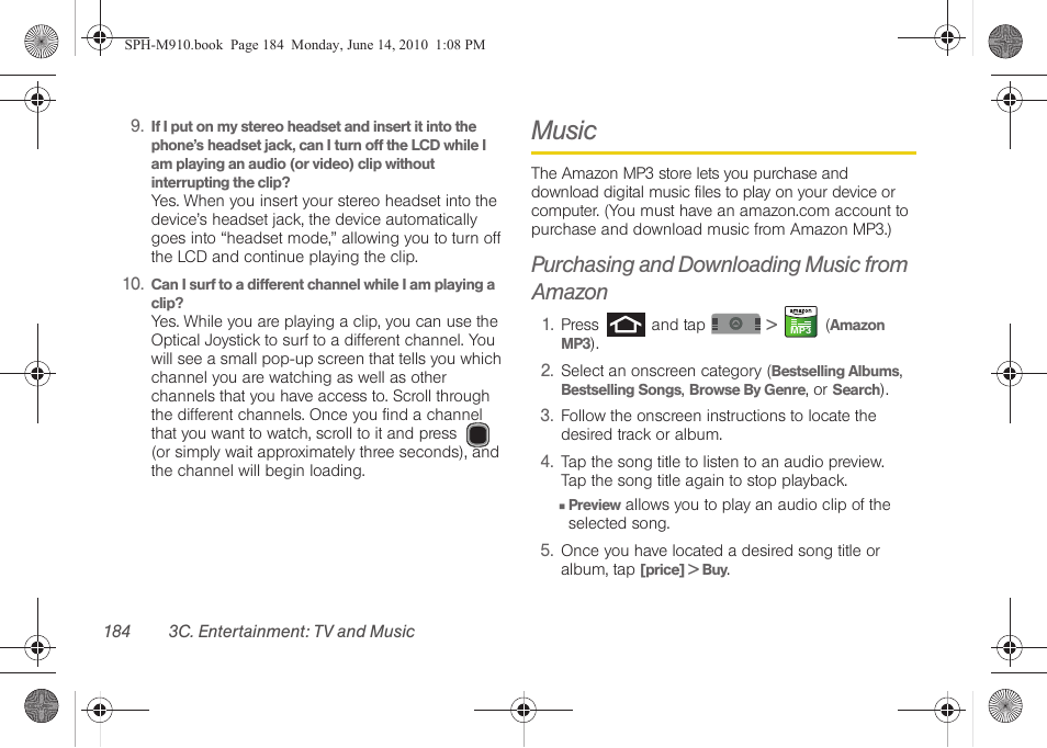 Music, Purchasing and downloading music from amazon | Samsung SPH-M910ZIASPR User Manual | Page 198 / 233