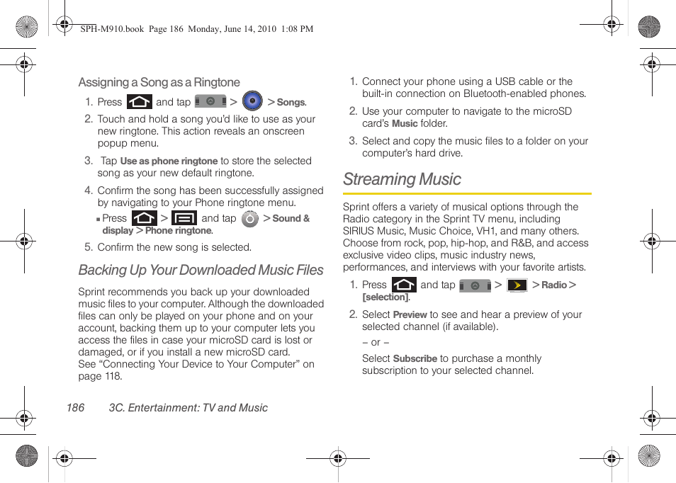 Backing up your downloaded music files, Streaming music | Samsung SPH-M910ZIASPR User Manual | Page 200 / 233