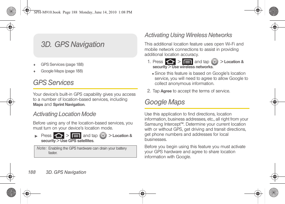 3d. gps navigation, Gps services, Activating location mode | Activating using wireless networks, Google maps | Samsung SPH-M910ZIASPR User Manual | Page 202 / 233