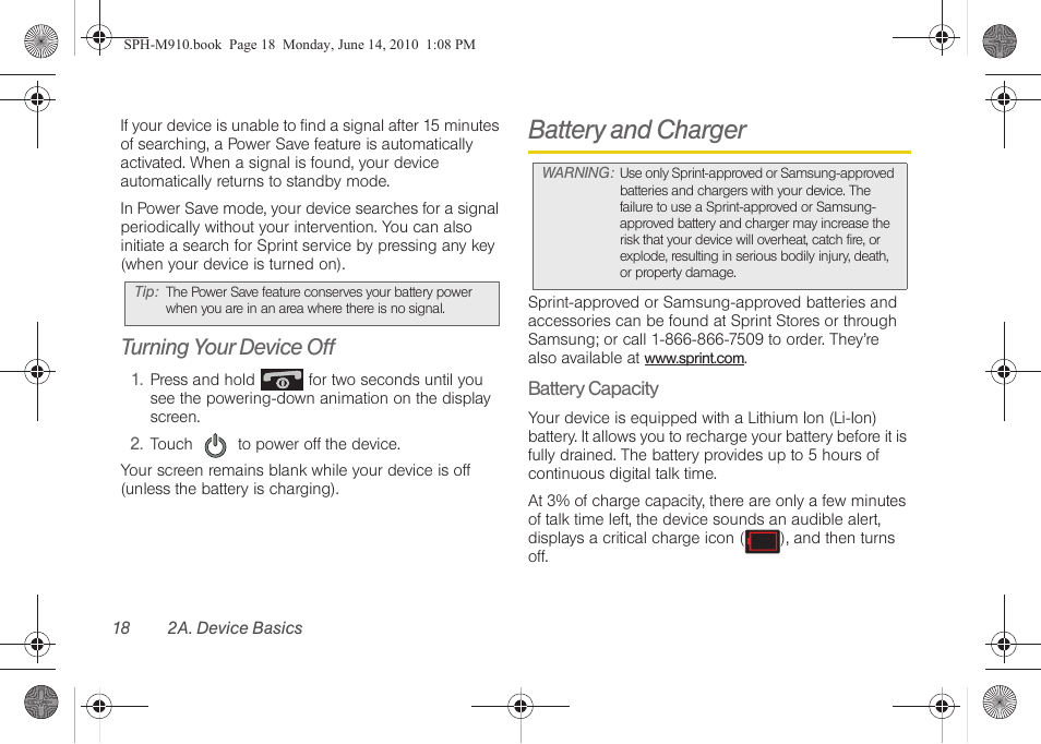 Turning your device off, Battery and charger | Samsung SPH-M910ZIASPR User Manual | Page 32 / 233