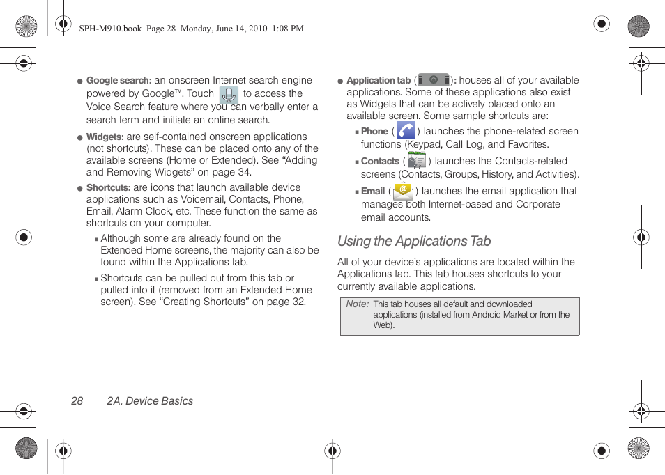 Using the applications tab | Samsung SPH-M910ZIASPR User Manual | Page 42 / 233