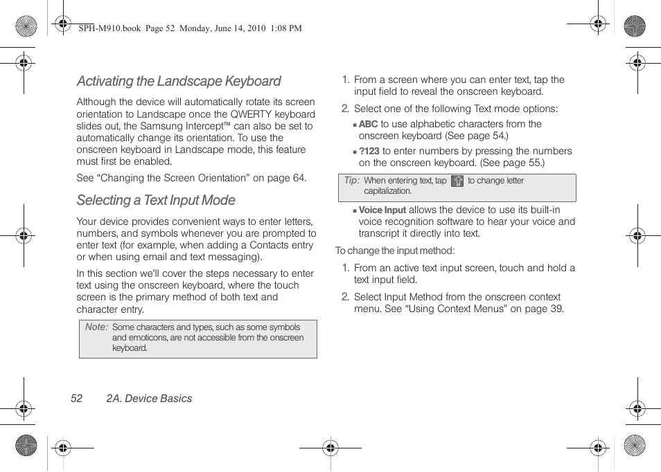 Activating the landscape keyboard, Selecting a text input mode | Samsung SPH-M910ZIASPR User Manual | Page 66 / 233