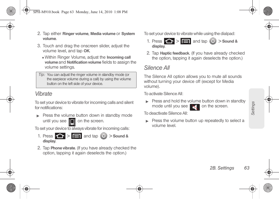 Vibrate, Silence all | Samsung SPH-M910ZIASPR User Manual | Page 77 / 233
