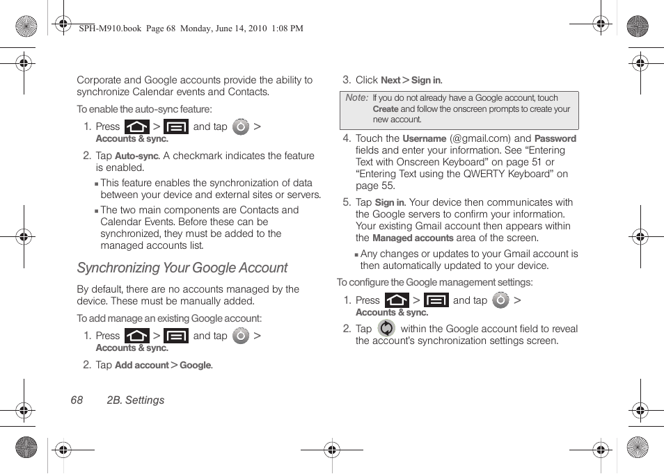 Synchronizing your google account | Samsung SPH-M910ZIASPR User Manual | Page 82 / 233