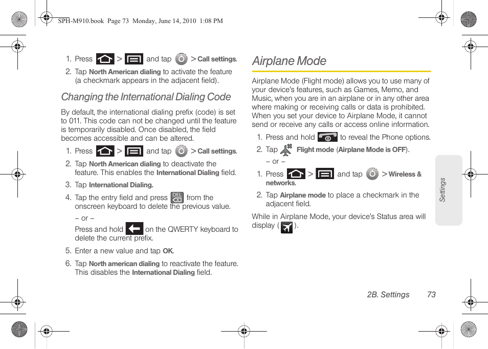 Changing the international dialing code, Airplane mode | Samsung SPH-M910ZIASPR User Manual | Page 87 / 233