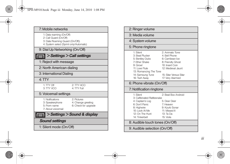 Settings > call settings, Settings > sound & display sound settings | Samsung SPH-M910ZIASPR User Manual | Page 9 / 233