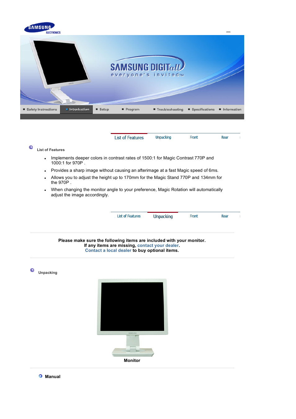 Introduction, List of features, Unpacking | Samsung LS19VDPXHQ-XAA User Manual | Page 10 / 56