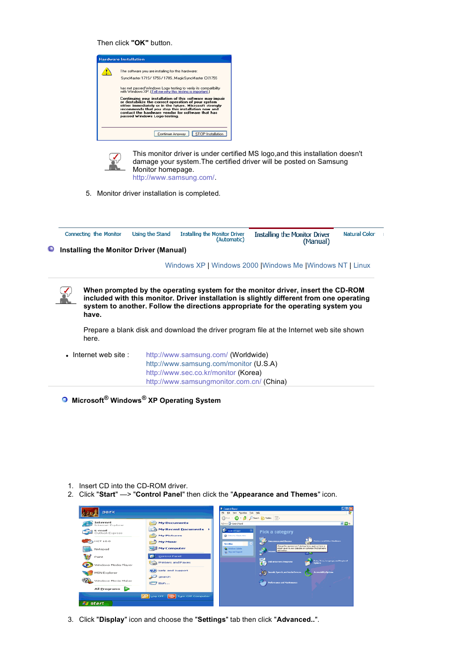 Installing the monitor driver (manual) | Samsung LS19VDPXHQ-XAA User Manual | Page 16 / 56