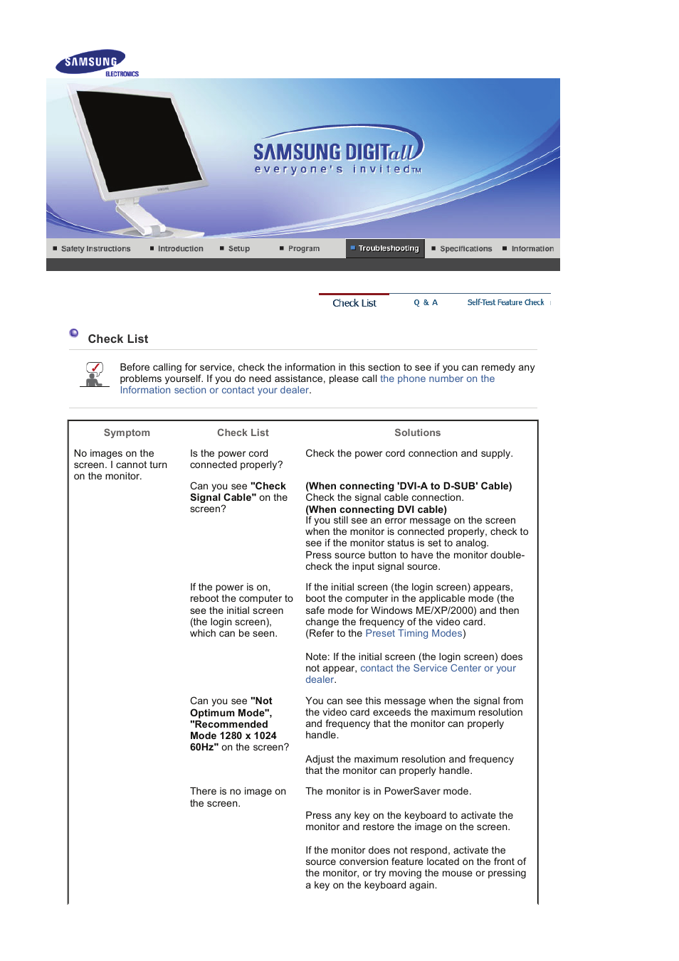 Troubleshooting, Check list | Samsung LS19VDPXHQ-XAA User Manual | Page 40 / 56