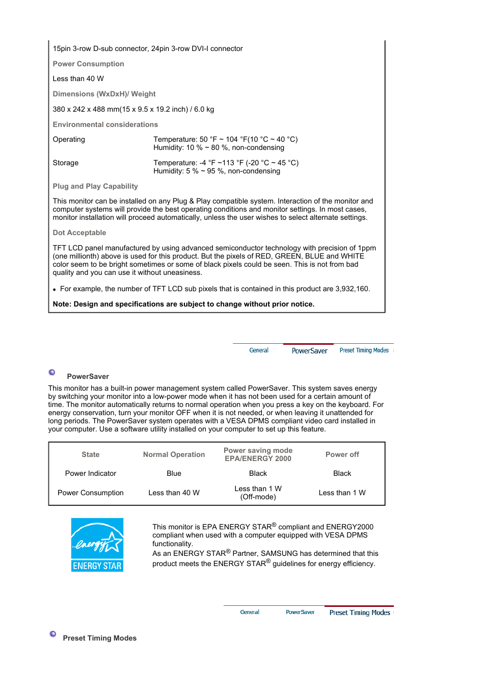 Preset timing modes | Samsung LS19VDPXHQ-XAA User Manual | Page 45 / 56