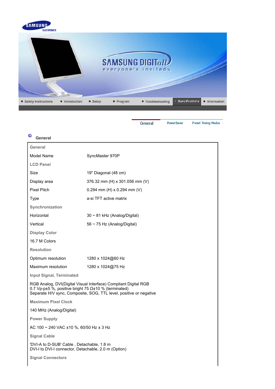 General (syncmaster 970p), Powersaver | Samsung LS19VDPXHQ-XAA User Manual | Page 47 / 56