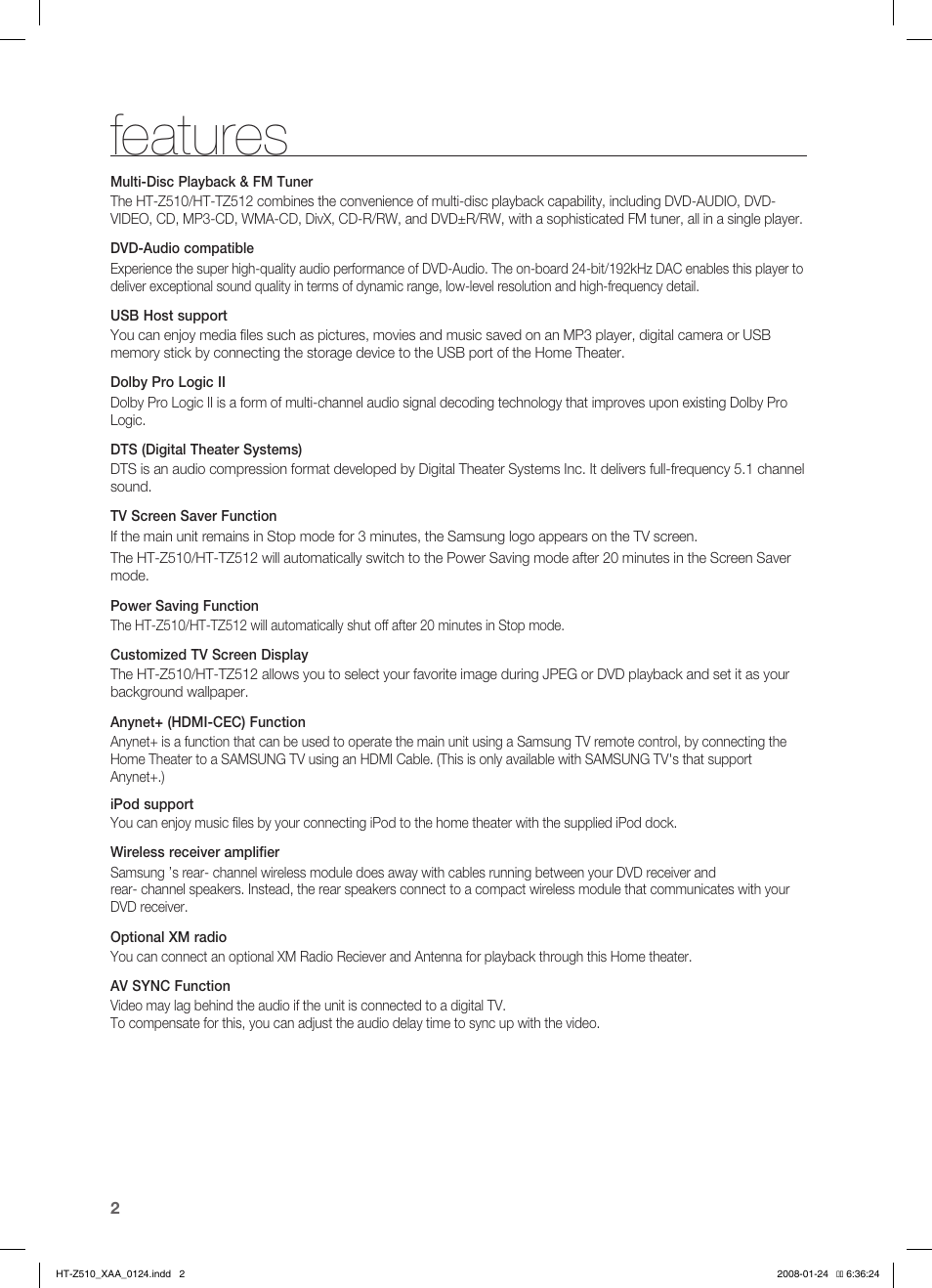 Features | Samsung HT-Z510T-XAA User Manual | Page 4 / 79