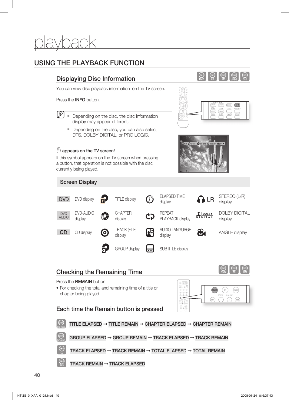 Playback, Dbagd, Using the playback function | Samsung HT-Z510T-XAA User Manual | Page 42 / 79