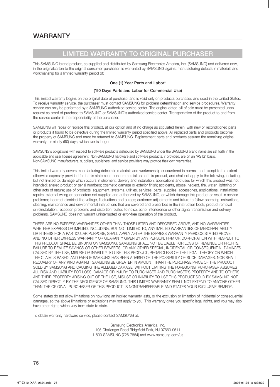 Warranty limited warranty to original purchaser | Samsung HT-Z510T-XAA User Manual | Page 78 / 79