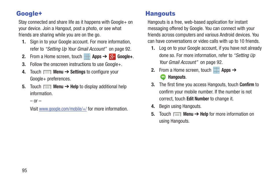 Google, Hangouts, Google+ hangouts | Samsung SGH-I527ZKBATT User Manual | Page 102 / 228