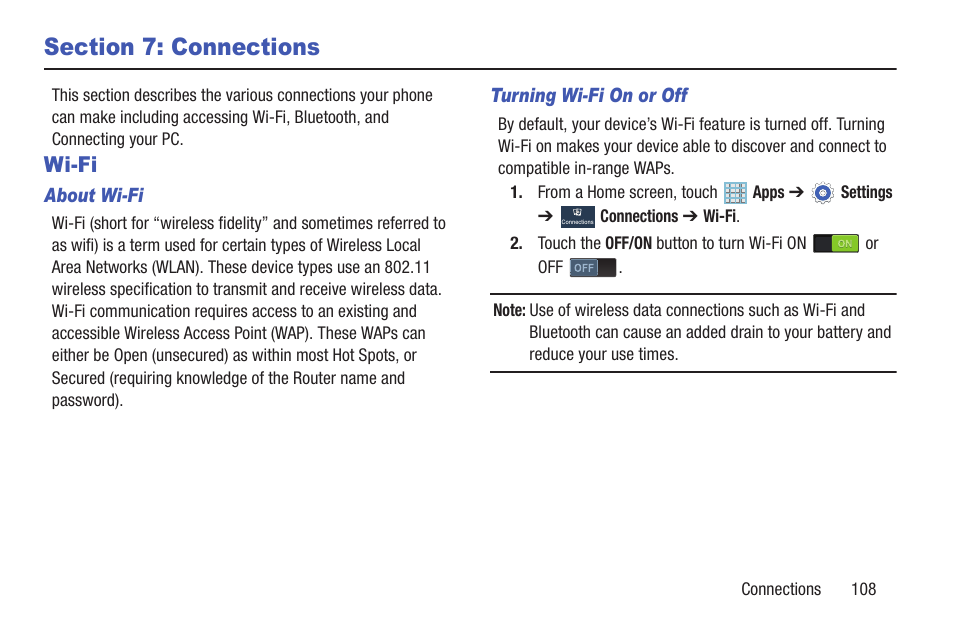 Section 7: connections, Wi-fi | Samsung SGH-I527ZKBATT User Manual | Page 115 / 228