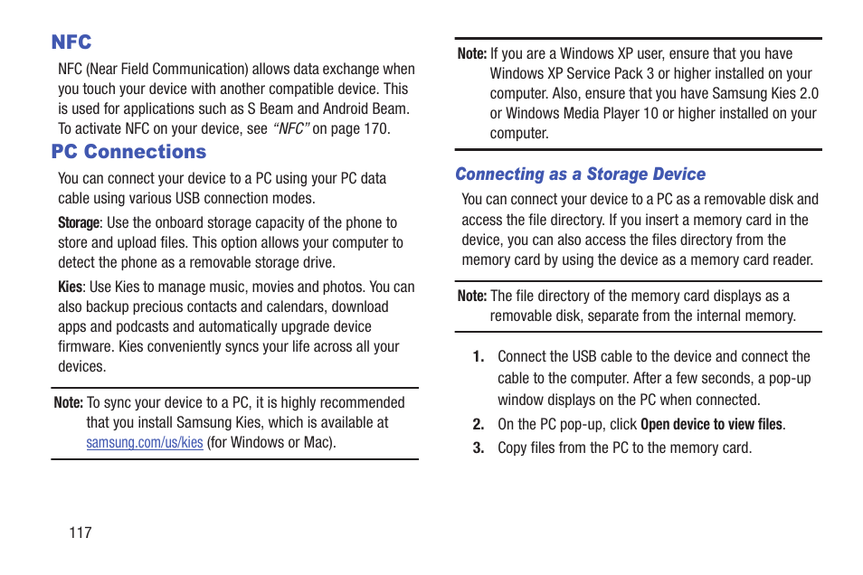 Pc connections, Nfc pc connections | Samsung SGH-I527ZKBATT User Manual | Page 124 / 228