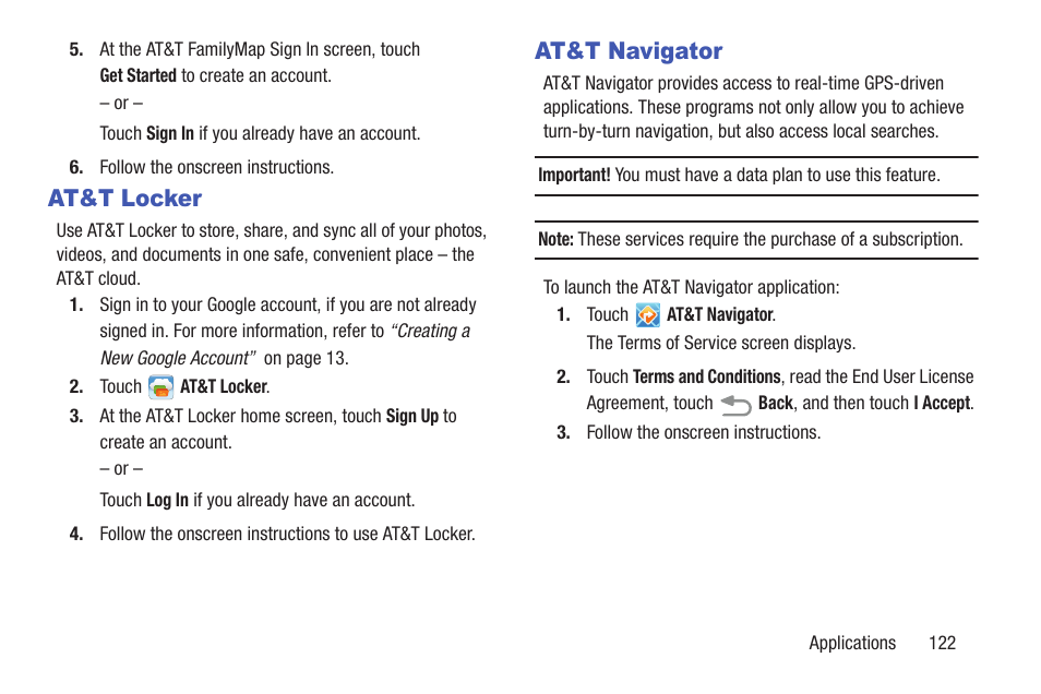 At&t locker, At&t navigator, At&t locker at&t navigator | Samsung SGH-I527ZKBATT User Manual | Page 129 / 228