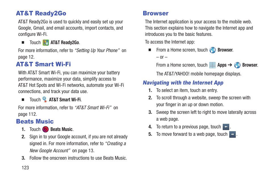 At&t ready2go, At&t smart wi-fi, Beats music | Browser, At&t ready2go at&t smart wi-fi beats music browser | Samsung SGH-I527ZKBATT User Manual | Page 130 / 228