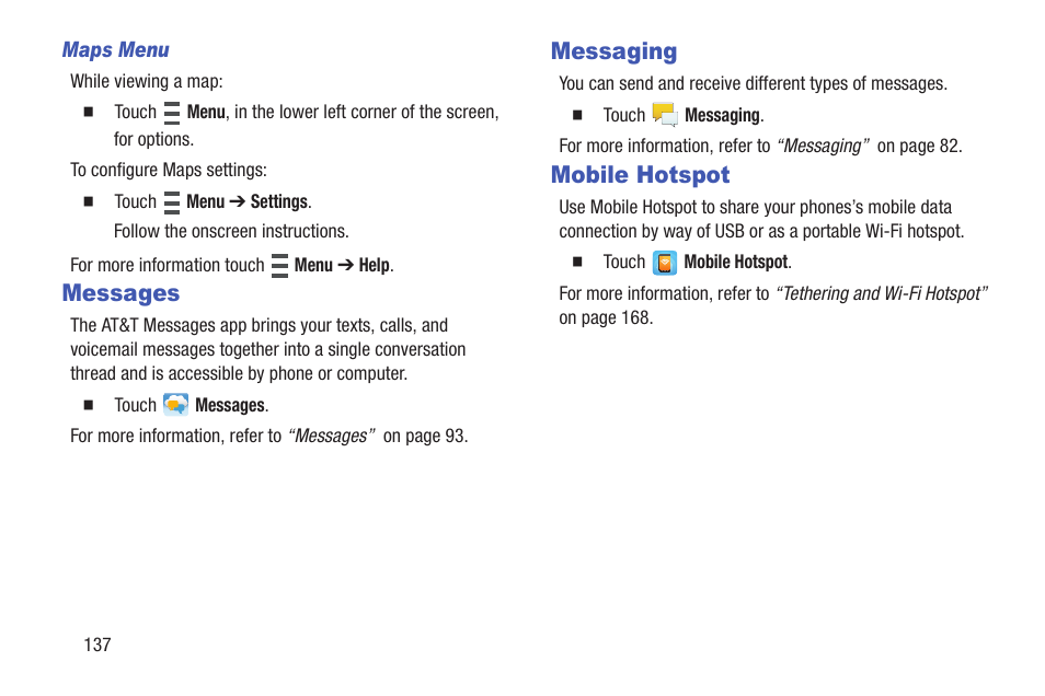 Messages, Messaging, Mobile hotspot | Messages messaging mobile hotspot | Samsung SGH-I527ZKBATT User Manual | Page 144 / 228