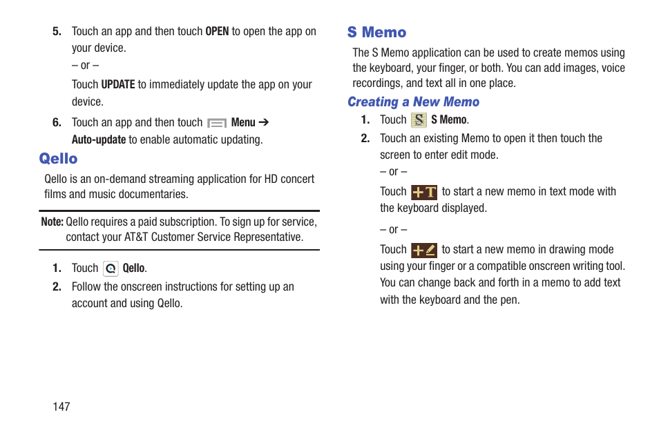 Qello, S memo, Qello s memo | Samsung SGH-I527ZKBATT User Manual | Page 154 / 228