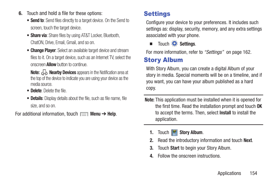 Settings, Story album, Settings story album | Samsung SGH-I527ZKBATT User Manual | Page 161 / 228