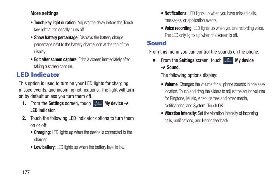 Led indicator, Sound, Led indicator sound | Samsung SGH-I527ZKBATT User Manual | Page 184 / 228