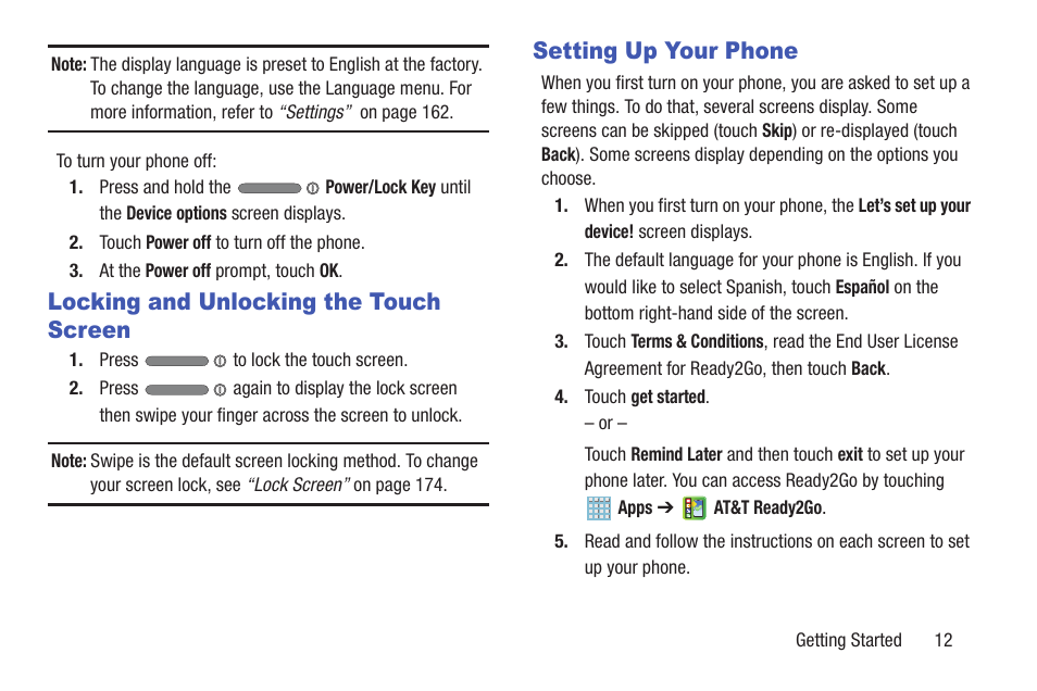 Locking and unlocking the touch screen, Setting up your phone | Samsung SGH-I527ZKBATT User Manual | Page 19 / 228