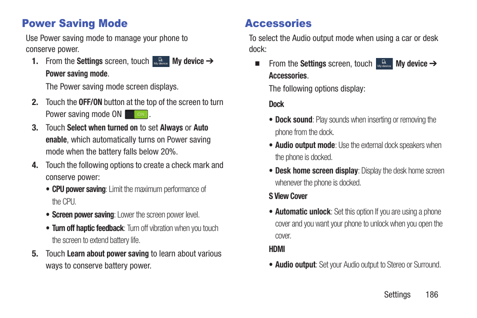 Power saving mode, Accessories, Power saving mode accessories | Samsung SGH-I527ZKBATT User Manual | Page 193 / 228