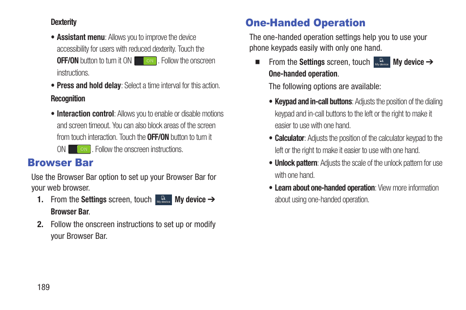 Browser bar, One-handed operation, Browser bar one-handed operation | Samsung SGH-I527ZKBATT User Manual | Page 196 / 228