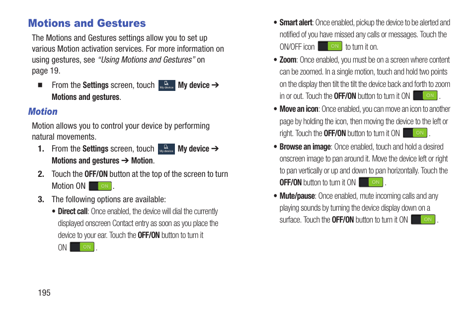 Motions and gestures | Samsung SGH-I527ZKBATT User Manual | Page 202 / 228