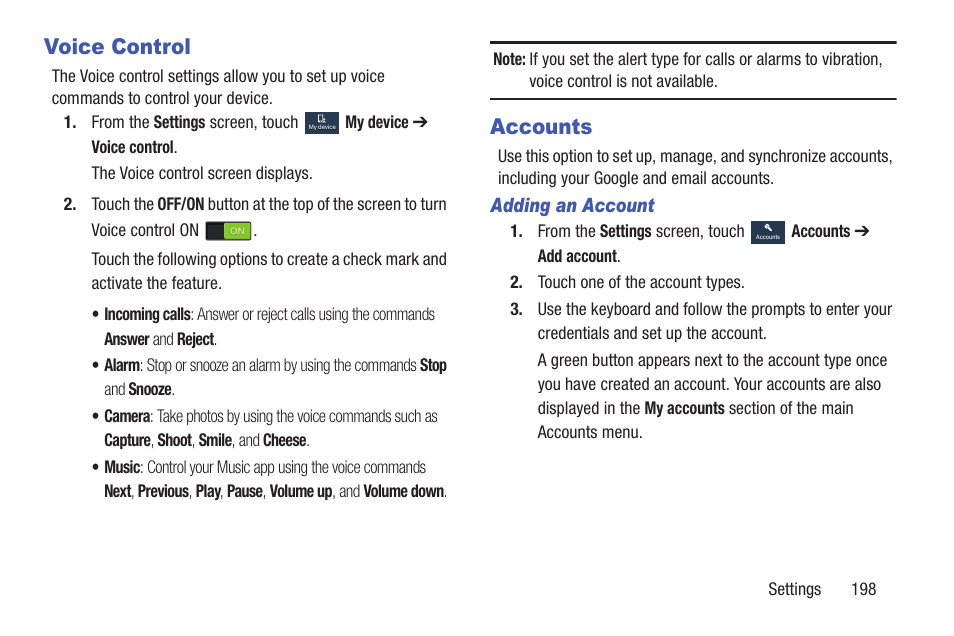 Voice control, Accounts, Voice control accounts | Samsung SGH-I527ZKBATT User Manual | Page 205 / 228