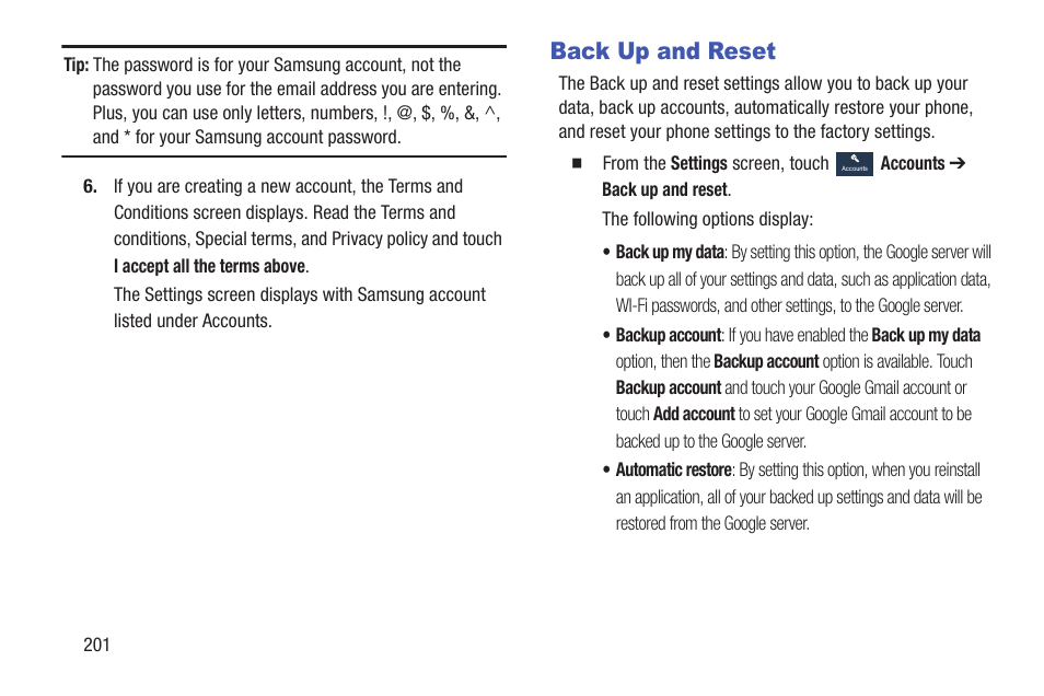 Back up and reset | Samsung SGH-I527ZKBATT User Manual | Page 208 / 228