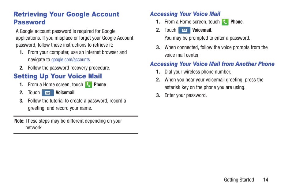 Retrieving your google account password, Setting up your voice mail | Samsung SGH-I527ZKBATT User Manual | Page 21 / 228