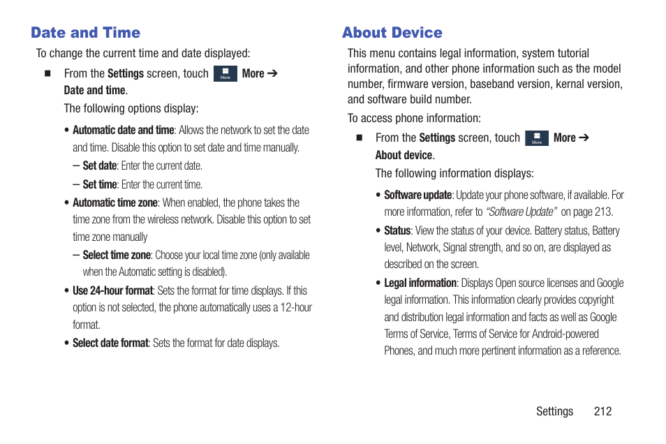 Date and time, About device, Date and time about device | Samsung SGH-I527ZKBATT User Manual | Page 219 / 228