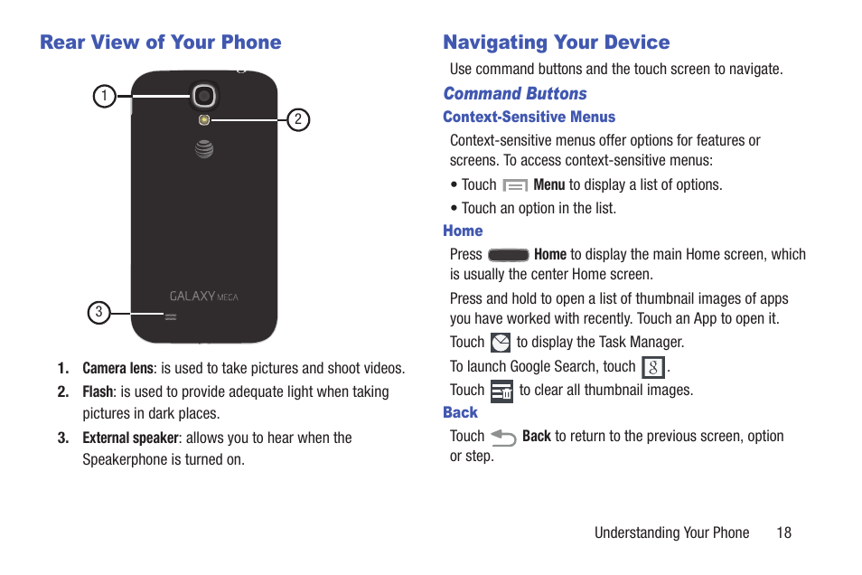 Rear view of your phone, Navigating your device, Rear view of your phone navigating your device | Samsung SGH-I527ZKBATT User Manual | Page 25 / 228