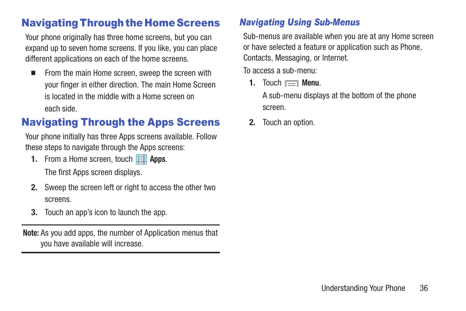 Navigating through the home screens, Navigating through the apps screens | Samsung SGH-I527ZKBATT User Manual | Page 43 / 228